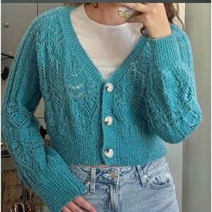 Debut Large Teal Blue Pointelle Knit Cropped Cardigan Sweater  V-Neck